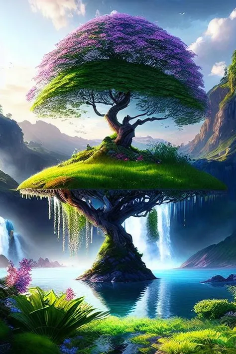 beautiful tree, 8k, trending, highly detailed hyper realistic,dreamlikeart tree of live,grass, waterfalls, sky, floating island, fantasy, landscape, full tree