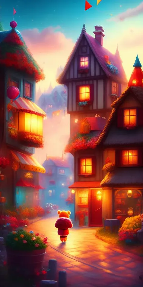 dreamlikeart Teddy bear village, city, Joy, A game, Paints, Fantasy, Cute, Childhood, Entertainment, Adventure, Smile, Bright colors, children's clown scene, symmetrical, highly detailed, digital painting, artstation, concept art, smooth, sharp focus, illustration, volumetric lighting, epic Composition, 8k, oil painting, cgsociety, dramatic lights