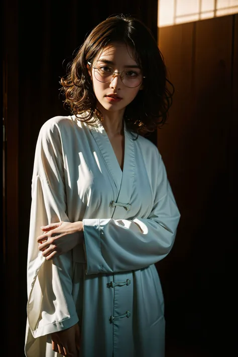 1girl,curly hair,in the dark,deep shadow,absurdres,Volumetric Lighting,chinese_style,Taoist robe,under-rim_eyewear