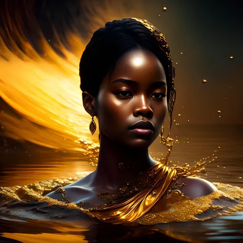 dreamlike (dark dim dramatic atmosphere)+ 8k portrait of beautiful young african woman with brown hair dissolving into liquid gold, face half submerged in water, misty evening lake, intricate, elegant, highly detailed, majestic, digital photography, art by artgerm ruan jia and greg rutkowski surreal wet paint gold ribbons filigree