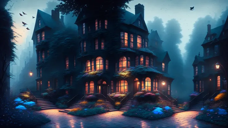 dreamlikeart between two 19th-century Brooklyn brownstone buildings, a surreal small twilight creek-garden, rose-brambles, candle-birds, tiny mystery-magic, serene overcast atmosphere, midnight-blue, blue-black, royal-blue, navy-blue, cel-shading, cinematic, edge-to-edge print, rendered by Studio Ghibli, Alyssa Monks, Andreas Rocha, David Kassan, Neil Blevins, Tuomas Korpi, ArtGerm