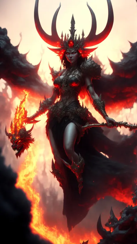A seductive female demon with fiery red skin and glowing eyes, dressed in black leather armor adorned with spikes, dances amidst a landscape of molten lava and towering flames. Her long, flowing hair flickers like fire as she moves with hypnotic grace, wielding a glowing trident. The scene captures the intense, dark energy as the infernal beats echo around her. Aim for realistic depiction, make sure photos are at highest resolution (8K)