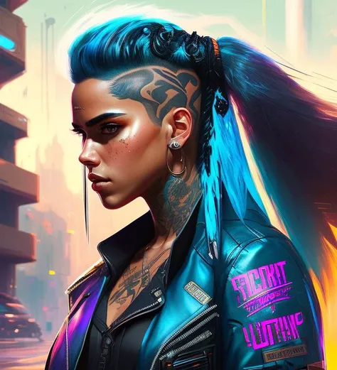 facing camera, splash art (full body shot), (extremely detailed 8k wallpaper), digital painting depicting an (mean looking:1.2) (fit) (beautiful:1.5) (20 year old) ((Costa Rican female)) Motorcycle gang member in a neon cyberpunk street, (well groomed hair:1.5)(night:1.5), (tattoos:1.1) (schoolgirl style:1.3), (skimpy black and blue clothing), posed character design study, highly detailed, detailed eyes, soft shading, art by (Lucio Parrillo) and kevin lord and midjourney and Greg Rutkowski, abstract