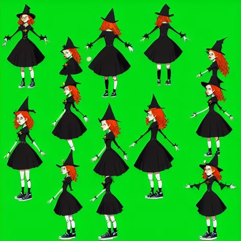 <lora:Everly_Heights_Character_Maker_1.5:1> 4view, Teen Witch with red hair wearing a black dress pointed hat and sneakers