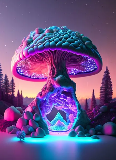 [blue|purple|pink] brain mountain 3d render realistic, glowing mycelium network, giant neon mushroom, glowing portal, neon crystals, octane render, diorama, 8k, dark stary sky