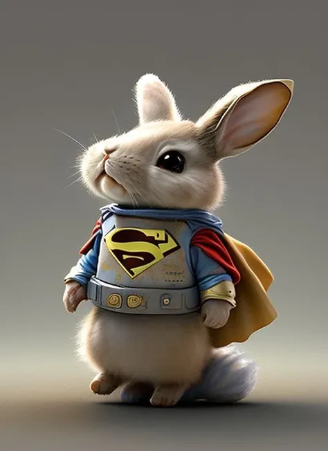 Pixar Style, 3d, Tiny cute and adorable bunny superman, floating through space, jean - baptiste monge , anthropomorphic , dramatic lighting