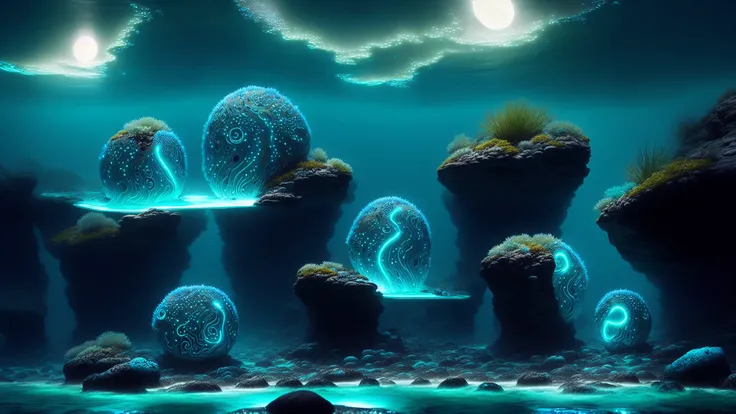 dreamlikeart bioluminescent ethereal water elementals nesting in a rock pool