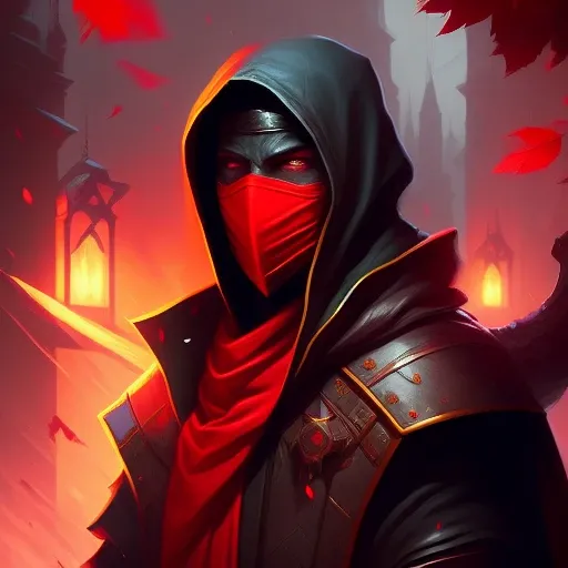 a portrait digital illustration of male rogue, wearing cloak, wearing face covering mask, glowing red eyes, raining scenery, inspired by the game dota2, detailed, trending in artstation, digital painting, artstation, matte, sharp focus, illustration, art by ilya kuvshinov and greg rutkowski and artgerm, dreamlikeart