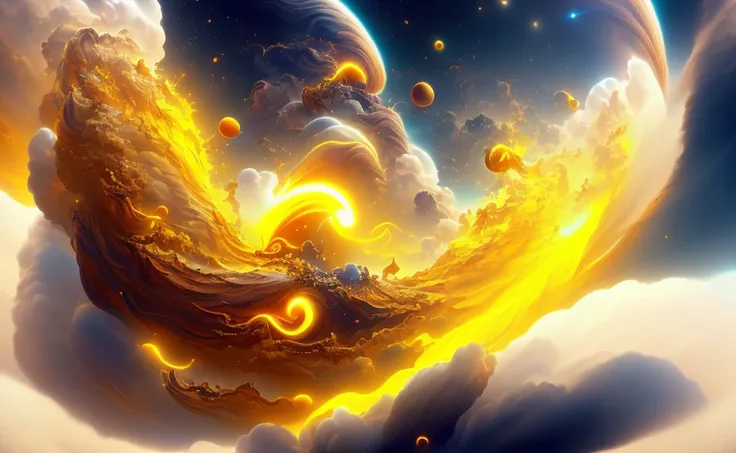 a highly detailed surreal airbrushed art of dopamine flowing from Venus and through space into me, yellow, CGSociety, Unreal Engine, 8K, render, CGI, concept art, trending on artstation, dutch golden hour, ddreamlike style