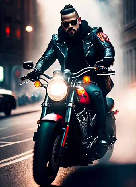Cinematic portrait of a Full Tattoo biker member gang man  riding shinny Harley Davidson, looking at viewer, POV, sharp detail, face detail, bokeh, blurry background, rtx on, particle effects flying around, specular lighting, hdr, octane, unreal, subsurface scattering, Film-like, (illustration:.4)