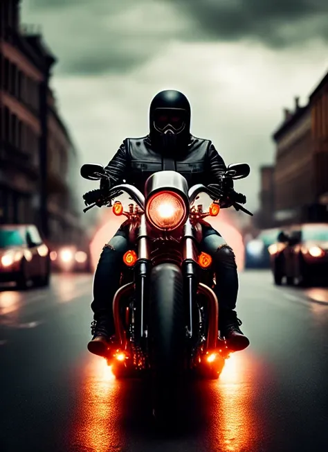 Cinematic portrait of a Full Tattoo biker member gang man riding shinny Harley Davidson, looking at viewer, POV, sharp detail, face detail, bokeh, blurry background, rtx on, particle effects flying around, specular lighting, hdr, octane, unreal, subsurface scattering, Film-like, (illustration:.4)