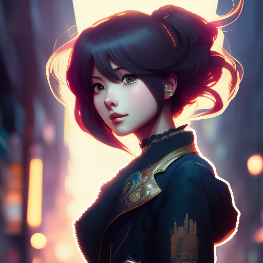 f/16 bokeh 3/4 portrait classic woman on a city street, fine pen lines and details, detailed jacket, color grading, backlit sun shines through hair, octane render, anime style by Krenz Cushart and John French Sloan, 8k