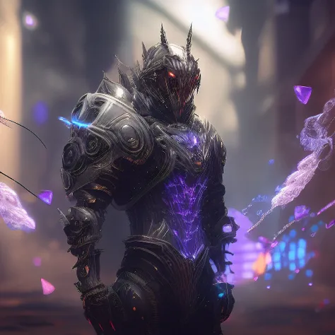 a RAW clean-look photograph of a tall cyberpunk finely detailed armour made of black titanium and (glowing:0.5) (purple:0.5) amethyst , power suit, high depth, crystal, visible wires and microchip, holograph, crystal (transparent:1.9)torso, wires inside of body, imposing, elegant, for men, modern minimalism, low poly lines, glitch core, dreamy, badass, dystopia, godlike, mysterious, midjourney, cinematic lighting, 3D render, blender cycles, octanerender, warframe, high poly, glow, color dodge,deep dark background, high depth, artstation, deviantart, exteel, thin waist, electronics, angry, anger, extremely intricate and detailed scratched up armor, low saturation, (unreal engine 5:1.5), (4k:2), tiny dust floating speckles, tiny shimmering glowing (particles:1.6), art by greg rutkowski, (concept art draft:1.7), (thousands of small glowing particles emanating from arms:1.8), (clean background:1.8), (magnetic pulling forces:1.5) (wide angle:1.8) (visible face anger:2), (female body:2), ninja, hoodie, assassin