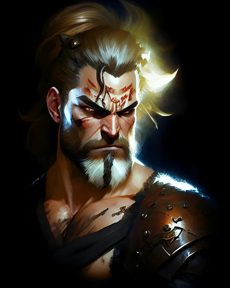 portrait of detailed male barbarian, scarred face, scarred arms, heavily muscled, long black hair, long black beard, cinematic shot on canon 5d ultra realistic skin intricate clothes accurate hands Steve Henderson Fabian Perez Henry Asencio Jeremy Mann Marc Simonetti Fantasy atmosphere