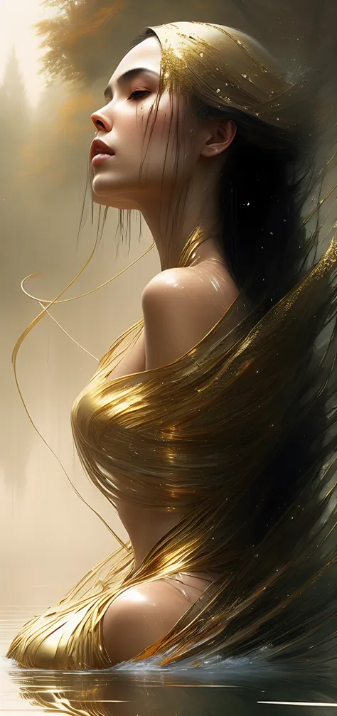 8k portrait of beautiful young woman face half submerged in a misty lake, intricate, elegant, highly detailed, majestic, digital photography, art by artgerm ruan jia and greg rutkowski surreal wet paint gold ribbons with filigree, broken glass
