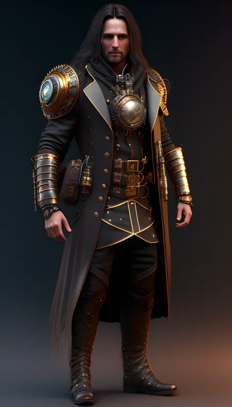 3D render of a sci-fi concept , intricate details, scientific, hyper detailed, photorealistic,steampunk aragorn, full body ,octane render, hyper realistic , octane render, 8k, uplight ,dreamlikeart