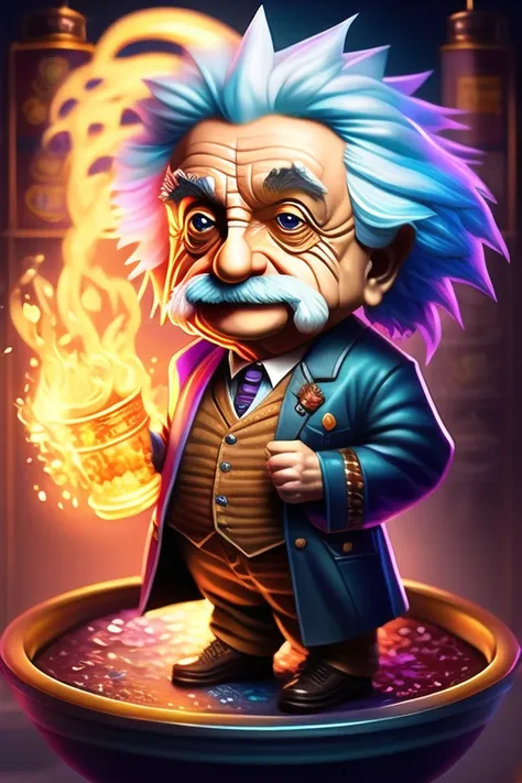 (dreamlikeart:1.2),splash art portrait painting (chibi albert einstein:1.3),cinenatic lighting, colorful highly detaild of hogwarts of background, albert einstein making magic , stirring the cauldron