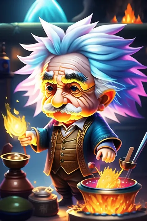 (dreamlikeart:1.2),splash art portrait painting (chibi albert einstein:1.3), wizard albert einstein making magic , stirring the cauldron making potions, cooking foods
