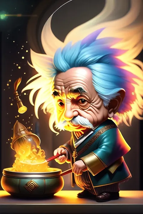 (dreamlikeart:1.2),splash art portrait painting (chibi albert einstein:1.3), wizard albert einstein making magic , stirring the cauldron making potions,