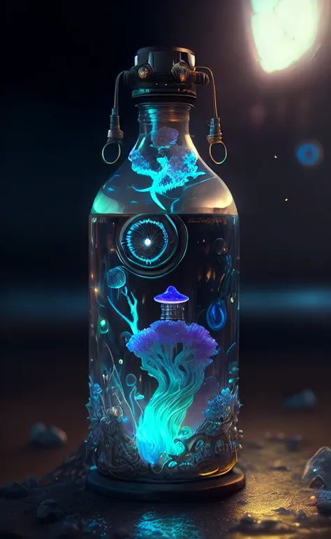 dreamlikeart,
bioluminescent fluorescent liquid  in a bottle, thick glass, steampunk details, misty, 
chromatic aberration, reflections,insane details, intricate details, hyperdetailed, realistic, photo, canon, dreamlike, art, hyperdetailed photorealism by greg rutkowski