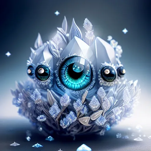 dreamlikeart levitating ice crystal of quartz, diamond, misty, (((multiple eyes))), chromatic aberration, insane details, intricate details, hyperdetailed, fluffy, realistic, photo, canon, dreamlike, art, colorfull leaves and branches with flowers on top of its head. hyperdetailed photorealism by greg rutkowski