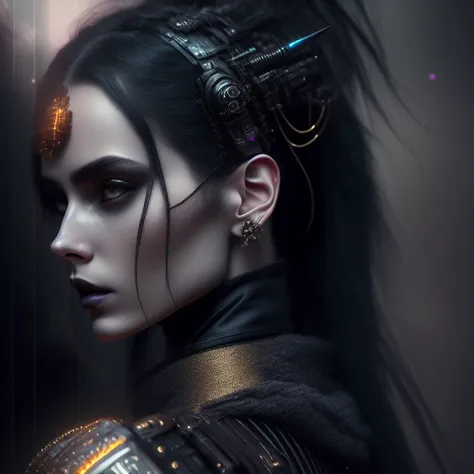 dreamlikeart, Detailed Ghotic Medieval portrait of cyberpunk style , futuristic (neon :1.1)reflective wear, sci-fi, robot parts, gold parts, machine face cinematic light ef 50mm, ((art by Greg Rutkowsky)), (studio ghibli:1.1), artgern, art, illustration, ((dark atmosphere)), ((vegnette)), ((HDR)) ((black and grey)), soothing tones, muted colors, dim, calm colors, pastel colors highly details, intricate details