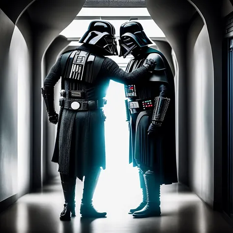 dreamlikeart, medium shot, Darth Vader and a star wars rebel hugging, portrait, photography, in a futuristic corridor