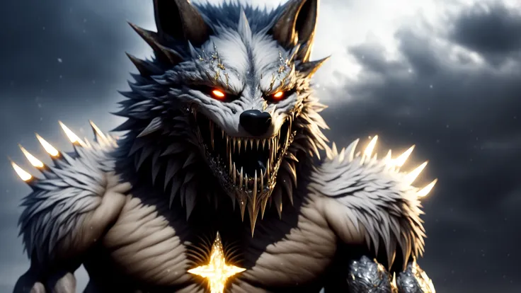 (werewolf:1.2), snow, snowing, (ice), icicles, frozen, chilling, chilled, ominous, horror, creepy, tall, wearing body armor made of human bones, (skull:0.9), (ribcage:1.2), piercings, fur details, fur pattern, (lightning strike), (lightning), storm, cloudy sky, backlighting, forest, nighttime, mist, fog, full moon, detailed claws, glowing, ominous aura Halo, jewelry, necklace, gold chains, (gold spikes), (fangs), smile, snarl, punk, wild hair, chromatic aberration, depth of field, soft lighting, masterpiece, best quality, intricate, tone mapped, highly detailed, artstation, concept art, smooth, sharp focus, dramatic lighting, highly detailed artwork, cinematic, hyper realistic painting, trending on Artstation, 8K, incredible shadows, realistic, (highly detailed background:1.0)