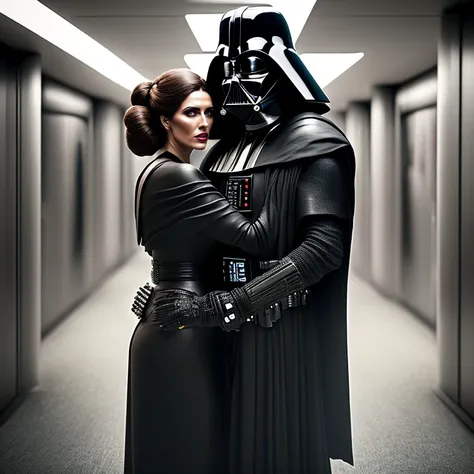 dreamlikeart, (extremely detailed CG Unity 8k wallpaper:1.1), sharp focus, Darth Vader and Princess Leia hugging, portrait, photography, in a futuristic corridor, blender render
