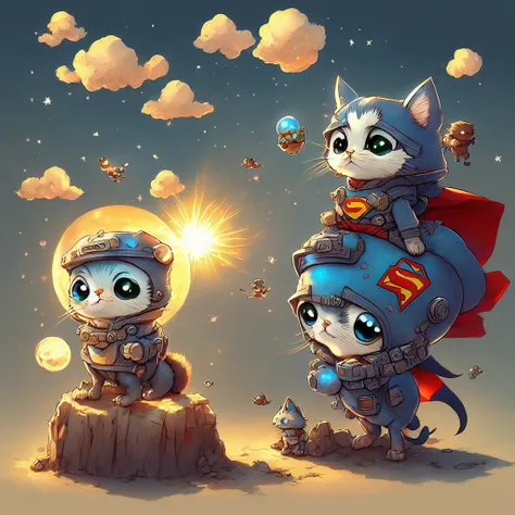 Pixar Style, 3d, Tiny cute and adorable cat superman, chibi, floating through space, jean - baptiste monge , anthropomorphic , dramatic lighting