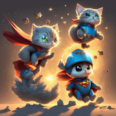 Pixar Style, 3d, Tiny cute and adorable cat superman, chibi, floating through space, jean - baptiste monge , anthropomorphic , dramatic lighting