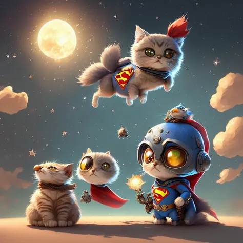 Pixar Style, 3d, Tiny cute and adorable cat superman, chibi, floating through space, jean - baptiste monge , anthropomorphic , dramatic lighting