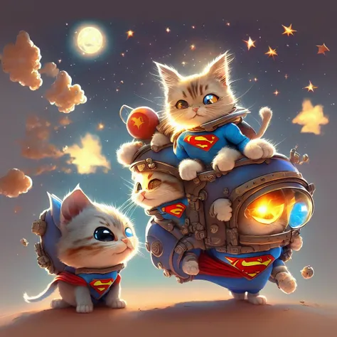 Pixar Style, 3d, Tiny cute and adorable cat superman, chibi, floating through space, jean - baptiste monge , anthropomorphic , dramatic lighting