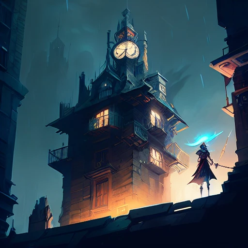 a female thief hiding on top of a tower, medieval,night, stormy skies, fantasy, cinematic lighting, centered, symmetrical, highly detailed, digital painting, artstation, concept art, smooth, sharp focus, illustration, volumetric lighting, epic Composition, 8k, art by Akihiko Yoshida and Greg Rutkowski and Craig Mullins, oil painting, cgsociety