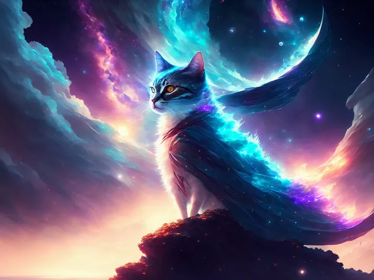 A cat soaring in outer space between the stars, buddhist robe, dreamy, concept art, misty, elegant, highly detailed, in style of greg rutkowski, dim colors, soothing tones