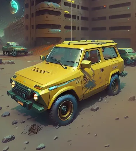 a futuristic version of classic lada 4x4 Niva car, destroyed apocalyptic city background,simon stalenhag style, sci-fi,moon shine lights, realistic, high detail, 4k