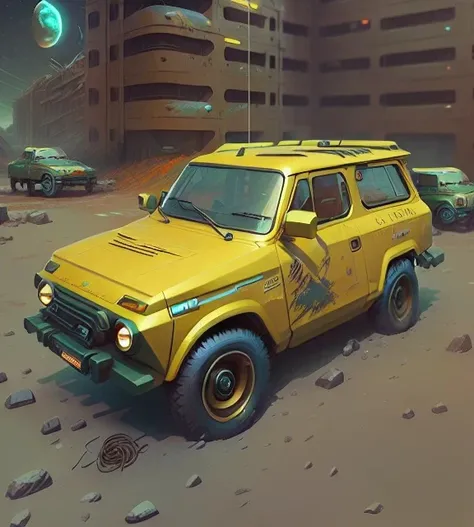 a futuristic version of classic lada 4x4 Niva car, destroyed apocalyptic city background,simon stalenhag style, sci-fi,moon shine lights, realistic, high detail, 4k