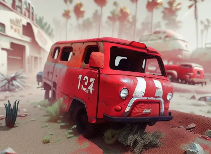 a broken rusty red soviet cabover van car, uaz 452, rusty rims, flat tires, broken windows and headlights, rear wheels covered with sand, with a dust storm and building wrecks in the background, simon stalenhag style, artstation, sparse vegetation in the foreground