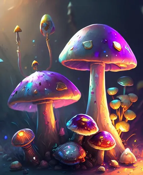 mushrooms, fantasy, cinematic lighting, ((stains and splashes of paint)), dark background, dramatic lighting,
(((digital painting))), sharp focus, illustration, volumetric lighting, D&D, color grading,
trending on Artstation, ((immense detail)), (detailed background:1.3), ((((low saturation)))), cinematic shot, intricate in the background, low contrast, ((hdr)), bakeh