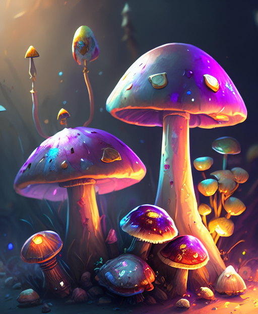 A group of mushrooms sitting on top of a field of grass - SeaArt AI