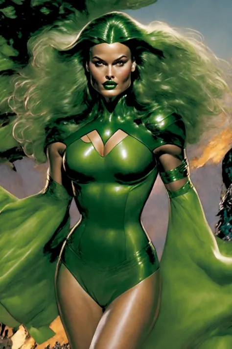 official art, masterpiece, Lorna Dane, Polaris,green lips, 1girl, solo, makeup, lipstick, long hair, breasts, cleavage, bodysuit, green leotard, midriff, full body, nice hands, ultra detailed, subsurface scattering, art by jim lee, specular highlights <lora:Polaris-10:0.8>
