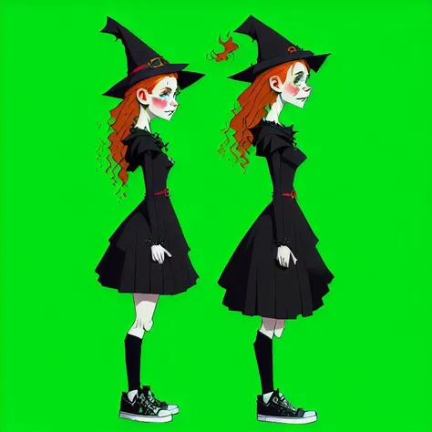 <lora:Everly_Heights_Character_Maker_1.5:1> Side profile, Teen Witch with red hair wearing a black dress pointed hat and sneakers