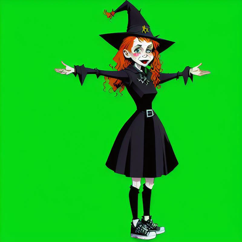 <lora:Everly_Heights_Character_Maker_1.5:1> t-pose, Teen Witch with red hair wearing a black dress pointed hat and sneakers