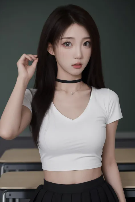 1girl, high quality, upper body, skirt hold, t-shirt, navel, skin tight, v-neck, choker, mole under eye, classroom, 
<lora:mky_v1:0.53> <lora:ip-adapter-faceid-plusv2_sd15_lora:0.63>