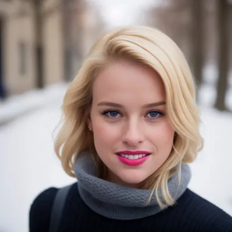 Papparazzi photograph ((face portrait:1.5)) of AliceEve <lora:AliceEve:0.6>, ((walking down the streets during snowy weather)), ((thick sweater:1.2)), (beautiful lips:1.2), ((nice smile:1.1)), beautiful eyes, blonde hair tied back, perfect white teeth, glossy eyes, eye makeup, beautiful face, real skin, hyper realistic photograph, detailed face, (film grain:1.2), Kodak portra 800, f1.8, golden hour --ar 2:3 --beta --upbeta, ((head in shot:1.5)), sunlight
