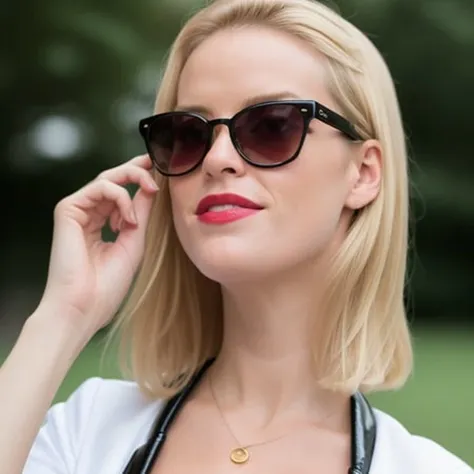 Papparazzi photograph (medium body portrait) of AliceEve <lora:AliceEve:0.75>, (professional white secretary attire:1.2), ((black sunglasses:1.2)), cleavage, (beautiful lips:1.2), smiling, beautiful eyes, gorgeous hairstyle, beautiful face, hyper realistic photograph, detailed face, walking at a park, (film grain:1.2), Kodak portra 800, f1.8, golden hour --ar 2:3 --beta --upbeta, telephoto lens, (face in shot:1.5), sunlight