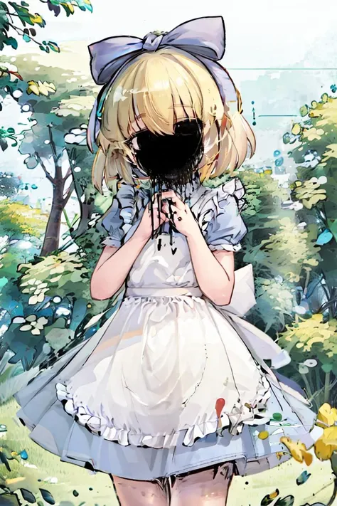 (masterpiece, best quality),1girl, beautiful face,   <lora:alice:1> alice, a cartoon character wearing an alice costume, 1girl, apron, blonde hair, alice (alice in wonderland), solo, dress, blue dress, short sleeves, short hair, white apron, nature background, ribbon, outdoors,