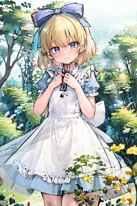 (masterpiece, best quality),1girl, beautiful face,   <lora:alice:1> alice, a cartoon character wearing an alice costume, 1girl, apron, blonde hair, alice (alice in wonderland), solo, dress, blue dress, short sleeves, short hair, white apron, nature background, ribbon, outdoors,