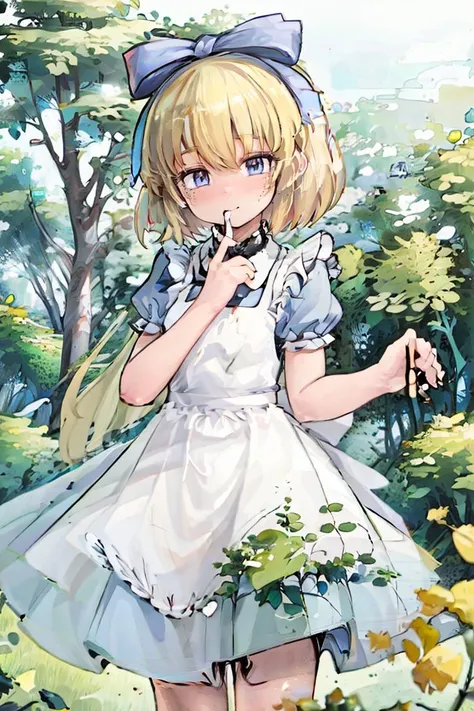 (masterpiece, best quality),1girl, beautiful face,   <lora:alice:1> alice, a cartoon character wearing an alice costume, 1girl, apron, blonde hair, alice (alice in wonderland), solo, dress, blue dress, short sleeves, short hair, white apron, nature background, ribbon, outdoors,