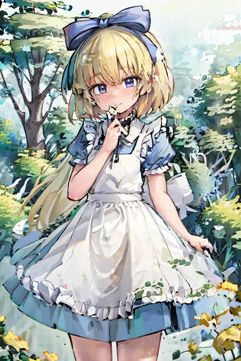 (masterpiece, best quality),1girl, beautiful face,   <lora:alice:1> alice, a cartoon character wearing an alice costume, 1girl, apron, blonde hair, alice (alice in wonderland), solo, dress, blue dress, short sleeves, short hair, white apron, nature background, ribbon, outdoors,